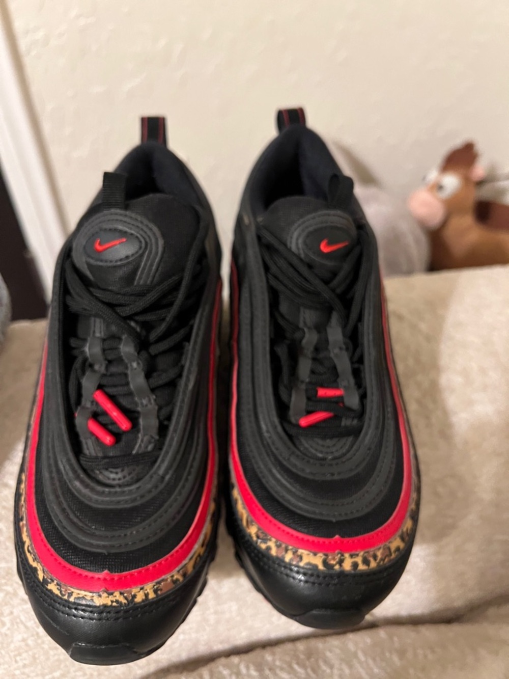 Nike Kids Black and Red Sneakers with Leopard Trim